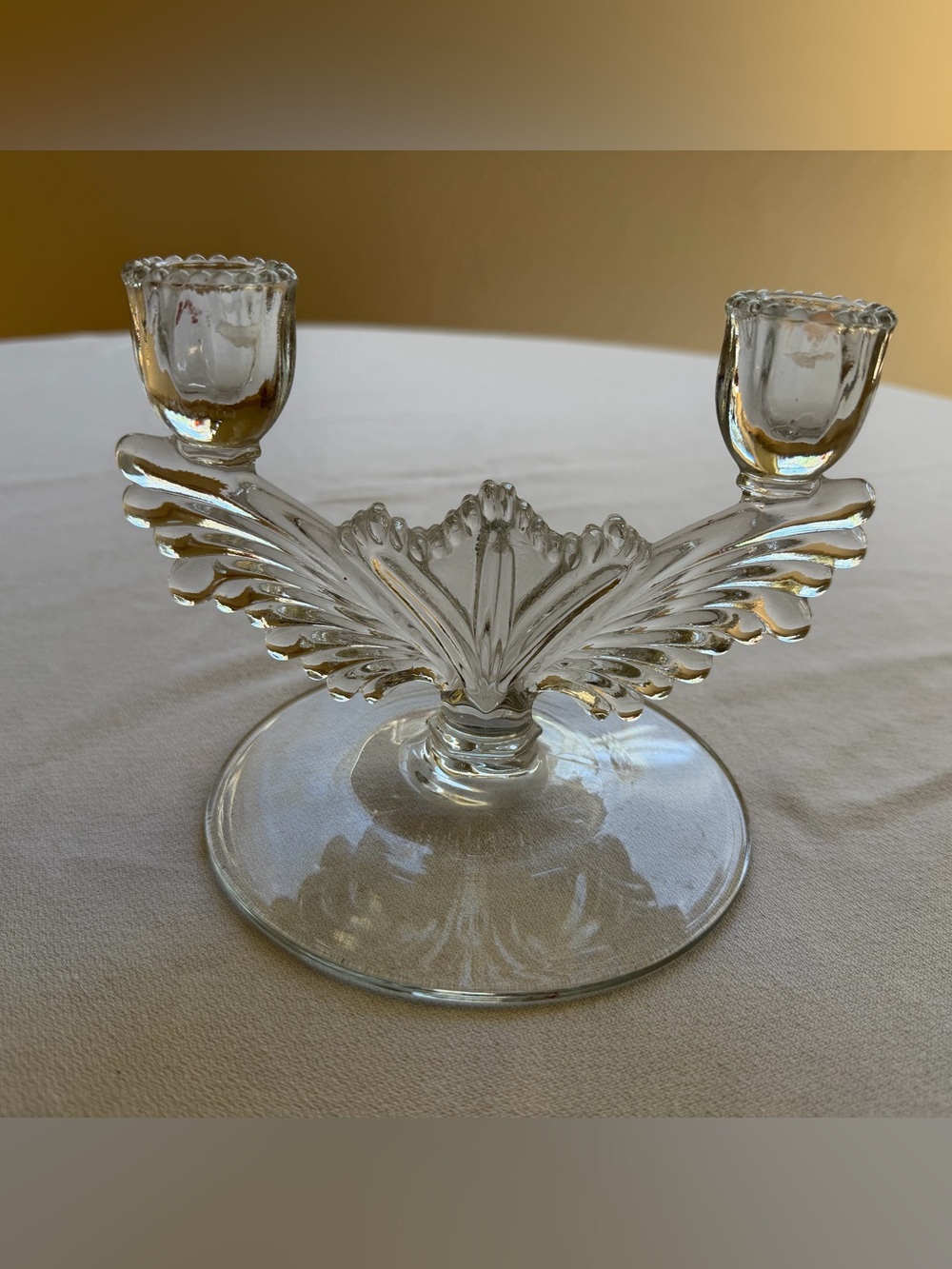 VTG Tiffin Clear Glass Double Taper Candle Holder - Elegant Winged Design